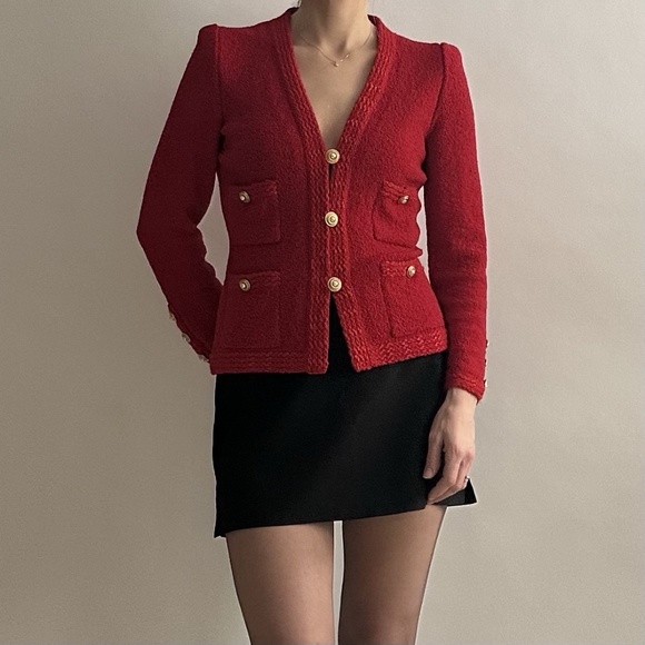 Vintage 80's Designer Adolfo Red Bouclé Wool Set with Lady Jacket & Skirt - Picture 2 of 12